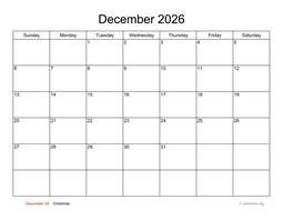 Basic Calendar for December 2026