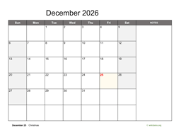 December 2026 Calendar with Notes