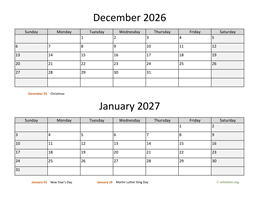december and january 2026 calendar