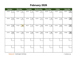 February 2026 Calendar with Day Numbers