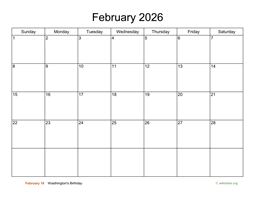 Basic Calendar for February 2026