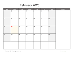 February 2026 Calendar with Notes