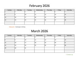 February and March 2026 Calendar