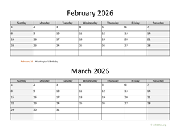 february and march 2026 calendar