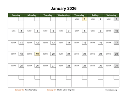 January 2026 Calendar with Day Numbers
