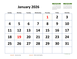 January 2026 Calendar with Extra-large Dates