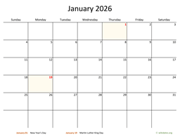 January 2026 Calendar with Bigger boxes