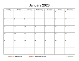 Basic Calendar for January 2026
