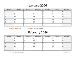 january and february 2026 calendar