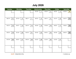 July 2026 Calendar with Day Numbers