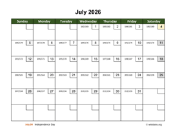 July 2026 Calendar with Weekend Shaded  WikiDates.org
