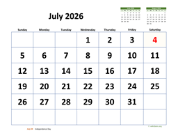 July 2026 Calendar with Extra-large Dates