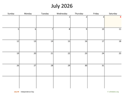 July 2026 Calendar with Bigger boxes