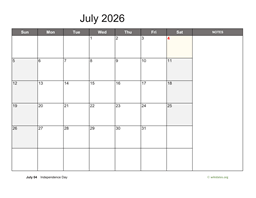 July 2026 Calendar with Notes