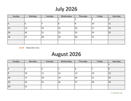 july and august 2026 calendar