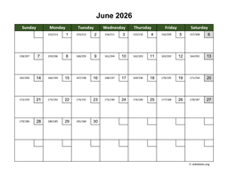 June 2026 Calendar with Day Numbers