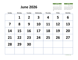 June 2026 Calendar with Extra-large Dates