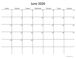 June 2026 Calendar with Bigger boxes
