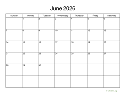 Basic Calendar for June 2026