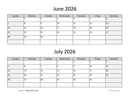 June and July 2026 Calendar