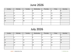 june and july 2026 calendar