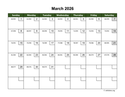March 2026 Calendar with Day Numbers