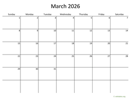 March 2026 Calendar with Bigger boxes