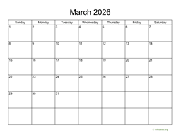 Basic Calendar for March 2026