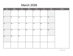 March 2026 Calendar with Notes