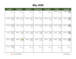 May 2026 Calendar with Day Numbers