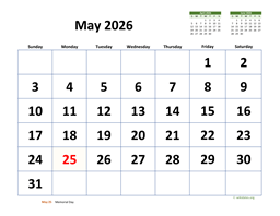 May 2026 Calendar with Extra-large Dates