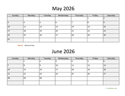 may and june 2026 calendar