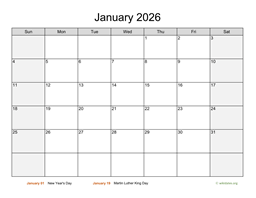 Monthly 2026 Calendar with Weekend Shaded