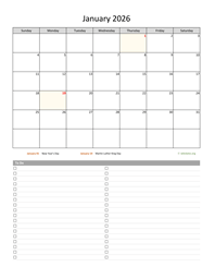 Monthly 2026 Calendar with To-Do List