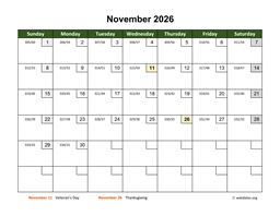 November 2026 Calendar with Day Numbers
