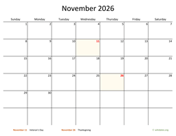 November 2026 Calendar with Bigger boxes