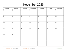 Basic Calendar for November 2026