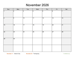 November 2026 Calendar with Weekend Shaded