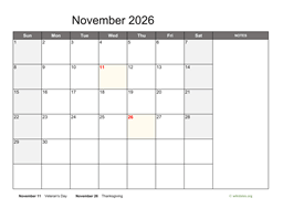 November 2026 Calendar with Notes