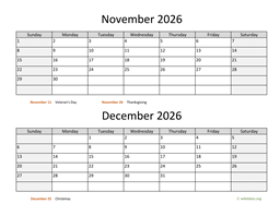 November and December 2026 Calendar