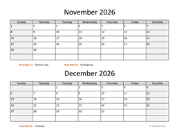 november and december 2026 calendar