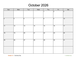 October 2026 Calendar with Weekend Shaded