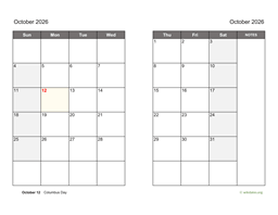October 2026 Calendar on two pages