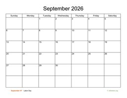 Basic Calendar for September 2026