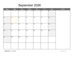 September 2026 Calendar with Notes
