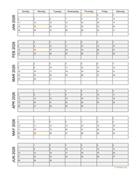 six months 2026 calendar vertical