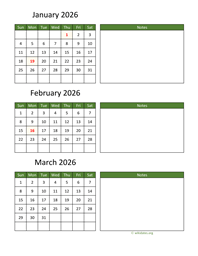 three months 2026 calendar vertical with notes