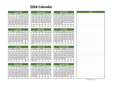 Yearly Printable 2026 Calendar with Notes