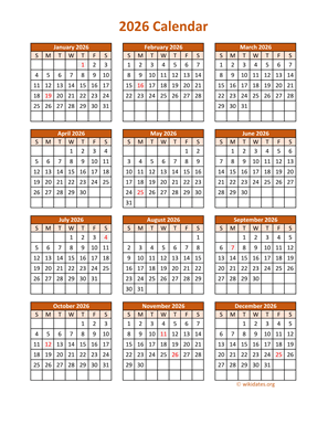 Full Year 2026 Calendar on one page