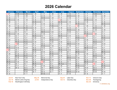 2026 Calendar Horizontal, One Page